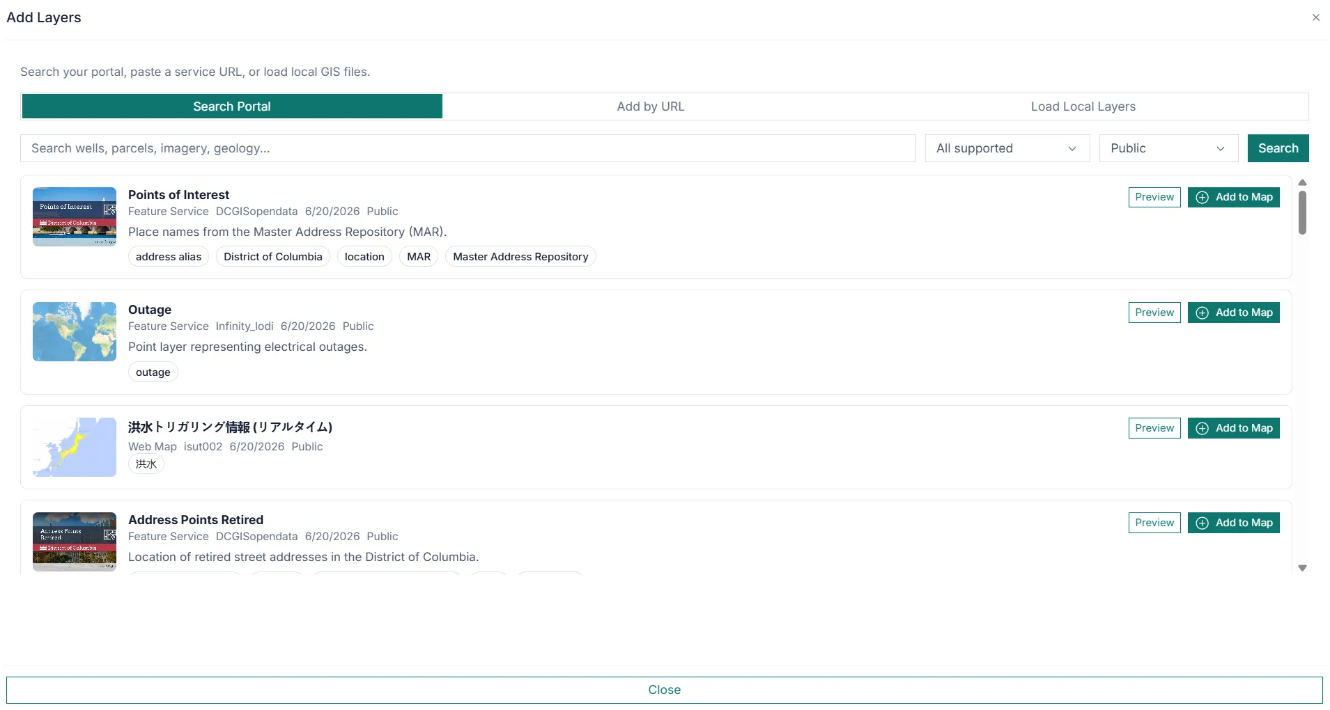 Add data workflow in the GIS application.